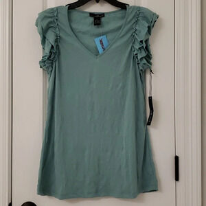 Flutter Sleeve V-neck Top Women Large Boho Summer green mint sage seafoam NEW
